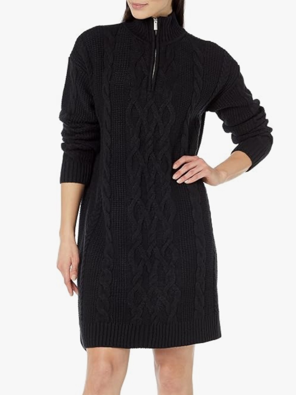 Calvin Klein Sz XS Dress Argyle Knit 1/4 Zip Black Sweater Dress Classic Fall
